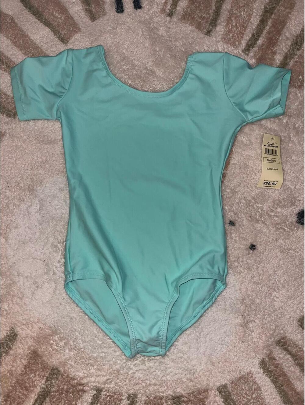 Leveret Girls Size 8/10 Aqua Short Sleeve Dance Gymnastics Leotard NWT